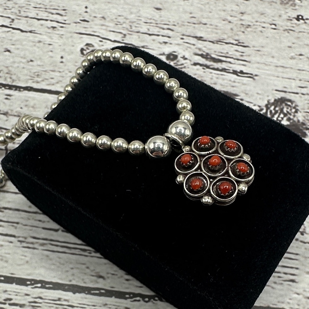 Sterling Bead Necklace w/double sided Red Coral/Blue Turq Stone Cluster Pendant